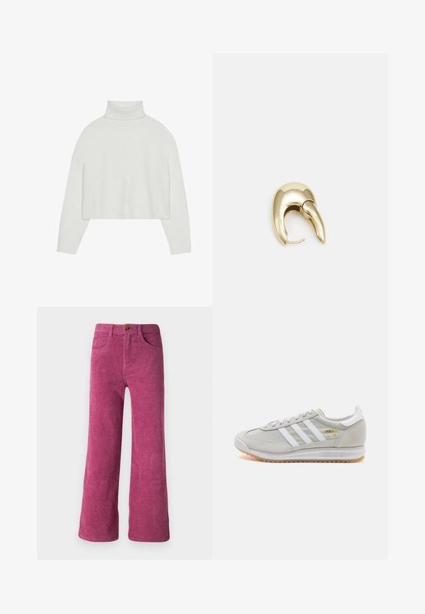 White cropped turtleneck sweater with ribbed cuffs and hem. Soft texture, wide sleeves, and seamless design on the back.; Wide-leg corduroy pants in a vibrant pink color, featuring vertical ribbed texture, standard pockets, and a single button closure.; Light grey sneaker made of suede and mesh, featuring three white stripes, round toe, and a gum rubber sole. Gold logo accent near laces.; Gold-tone metal earring with a sleek, curved design. Features a distinctive pointed shape, polished surface, and hinge closure.