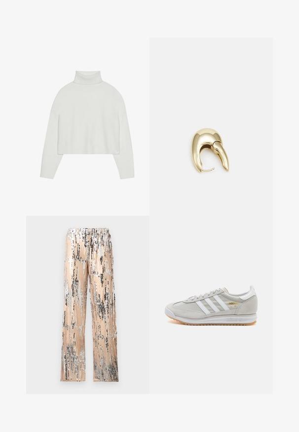 Weißer, kurz geschnittener Rollkragenpullover mit gerippten Bündchen und Saum. Weicher Stoff, weite Ärmel und nahtloses Design auf der Rückseite.; Beige, weit geschnittene Hosen mit Pailletten in Silber und Schwarz. Mit elastischem Bund und vertikaler Textur durch die Pailletten.; Hellgraue Sneaker aus Wildleder und Mesh, mit drei weißen Streifen, runder Zehenpartie und einer Sohle aus Gummi. Goldenes Logo-Detail nahe der Schnürsenkel.; Ohrringe aus goldfarbenem Metall mit einem schlanken, geschwungenen Design. Sie verfügen über eine markante, spitze Form, eine polierte Oberfläche und einen Scharnierverschluss.
