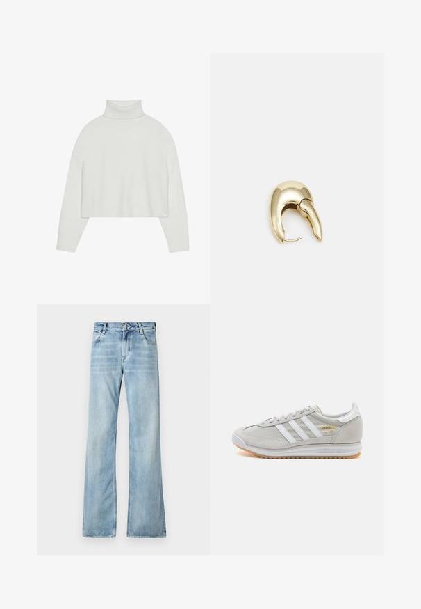 Valkoinen lyhyt turtleneck-neule, jossa on ribbireunat hihoissa ja helmassa. Pehmeä rakenne, leveät hihat ja saumaton muotoilu selässä.; Vaaleansiniset leveälahkeiset farkut, joissa on viisi taskua, nappikiinnitys ja hienovarainen haalistuminen käytetyn vaikutelman saavuttamiseksi.; Vaaleanharmaat sneakerit, jotka on valmistettu mokasta ja verkosta, sisältäen kolme valkoista raitaa, pyöreän kärjen ja kumisen pohjan. Kultainen logo yksityiskohta nauhojen läheisyydessä.; Kultahipuinen korvakoru, jossa on sulavalinjainen, kaareva muotoilu. Ominaisuuksiin kuuluu erottuva terävä muoto, kiillotettu pinta ja sarana kiinnitys.