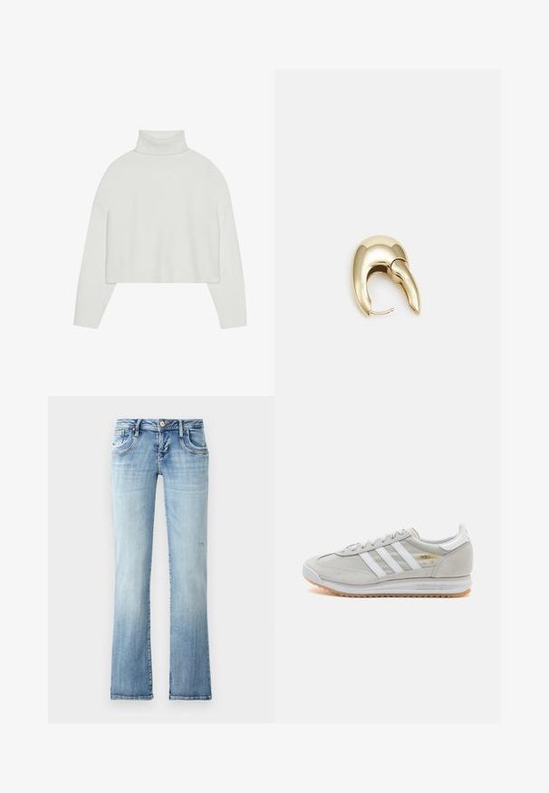 Bela skrajšana turtleneck pulover s reberčastimi manšetami in robom. Mehak material, široki rokavi in brezšivna zasnova na hrbtu.; Svijetloplave traperice ravnog kroja, s pet džepova, zatvaranjem na gumb i blagim izbljeđivanjem u teksturi tkanine.; Svetlo sivi tenisice od antilopa i mrežaste tkanine, s tri bijele pruge, okruglim vrhom i gumenim potplatom. Zlatni logo akcent blizu vezica.; Uhane nakit iz zlatastega tona z gladko, ukrivljeno zasnovo. Ima edinstveno koničasto obliko, polirano površino in zaponko s tečajem.