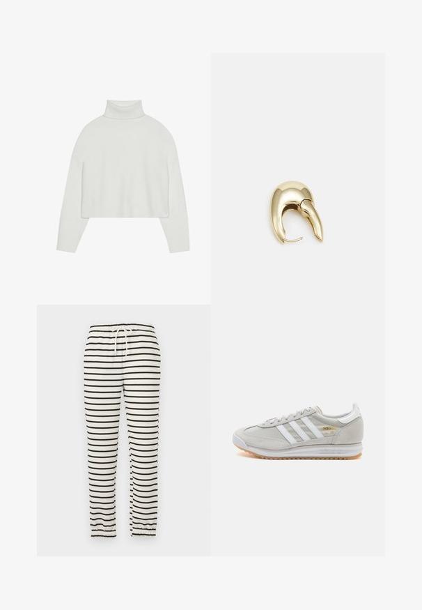 Hvit kort turtleneck genser med ribbestrikkede mansjetter og kant. Myk tekstur, brede ermer og sømløs design bak.; Stripete bukser i myk stoff med horisontale svarte striper på en kremfarget bakgrunn. Elastisk strikk i livet med snøring og smale ermer.; Lys grå sneaker laget av semsket skinn og mesh, med tre hvite striper, rund tå og såle av gummi. Gull logo-aksent nær snørebåndene.; Gullfarget metalløredobber med et elegant, buet design. Har en karakteristisk spiss form, polert overflate og hengsel-lukking.