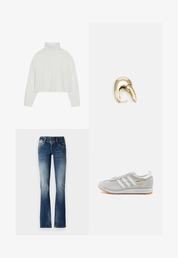 Balta īsā turtlenecka džemperis ar ribotām piedurknēm un apakšmalu. Maiga tekstūra, plašas piedurknes un bezšuvju dizains aizmugurē.; Zilā denim flaired džinsos ar nedaudz izbalējušu krāsu, divu pogu aizdari un dekoratīvo dūrienu uz priekšējiem kabatām.; Gaišpelēka kedas, izgatavotas no zamša un sieta, ar trim baltām svītrām, apaļu purngalu un gumijas zoli. Zelta logo akcenta detaļa blakus auklām.; Zeltīti metāla auskari ar gludu, izliekta dizaina. Ar atšķirīgu smailu formu, pulētu virsmu un eņģu aizdari.