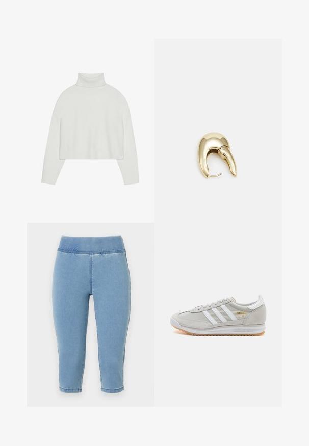 Bijela skraćena turtleneck pulover s rebrastim manžetama i rubom. Mekana tekstura, široke rukave i bešavni dizajn na leđima.; Svijetloplave traper capri hlače s elastičnim pojasom, s glatkom teksturom i šavovima, koje završavaju odmah ispod listova.; Svijetlosivi tenisice od antilopa i mrežice, s tri bijele pruge, okruglim vrhom i gumenom potplatom. Zlatni logo akcent blizu vezica.; Zlatne metalne naušnice s elegantnim, zakrivljenim dizajnom. Imaju karakterističan šiljast oblik, poliranu površinu i zatvaranje na šarku.