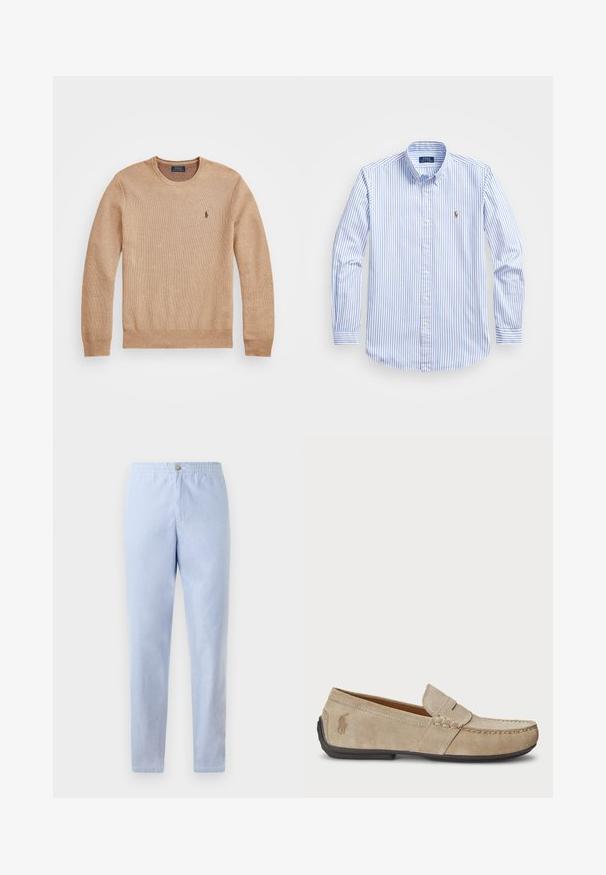 Pulover tricotat bej cu guler rotund, manșete și tiv cu nervuri, și un mic logo brodat pe pieptul stâng.; Cămașă cu dungi albastre deschise și albe, cu guler clasic, mâneci lungi și un mic logo brodat pe piept.; Pantaloni ușori, de culoare bleu deschis, cu talie elastică, având un detaliu cu nasture pe față și croială dreaptă. Textură netedă, fără modele vizibile.; Loafers din suede bej, cu detalii cusute, talpă din cauciuc plat și un logo mic pe lateral. Design clasic de tip slip-on, textură moale.