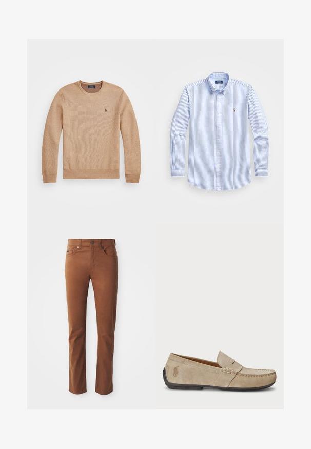 Bežinis mezginys megztinis su apvaliu iškirpimu, suplėštais rankogaliais ir apačia, bei mažas siuvinėtas logotipas kairėje krūtinės pusėje.; Šviesiai mėlynas ir baltas dryžuotas marškinių švarkelis su klasikiniu apykaklė, ilgomis rankovėmis ir mažuoju siuvinėtu logotipu ant krūtinės.; Rudi medvilniniai kelnės su tiesiu kirpimu, turi priekinius mygtukus, penkias kišenes ir minimaliais siuvinėjimo detalėmis.; Beige zomšos loaferiai su siuvinėjimo detale, plokščiu guminio pado, ir mažuoju logotipu šone. Klasikinis priglaudimo dizainas, minkšta tekstūra.