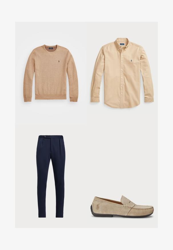 Beige kötött pulóver, kerek nyakkivágással, bordás mandzsettákkal és szegéllyel, valamint egy kis hímezett logóval a bal mellrészen.; Világos bézs színű, gombos pamut ing, klasszikus gallérral, hosszú ujjal, fehér gombokkal és egy kis kék logóval a mellrészen.; Tengerészeti kék, testreszabott nadrág, lapos elejű, két elülső pliszével és egy gombos záródással, sima, textúrált anyaggal.; Beige velúr mokaszin, varrott díszítéssel, lapos gumitalppal és kis logóval az oldalon. Klasszikus slip-on dizájn, puha tapintású.