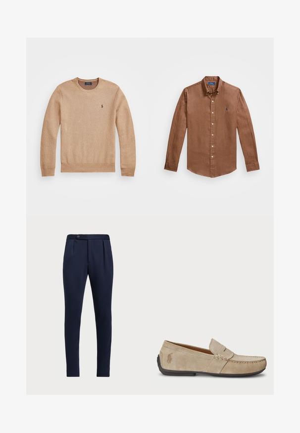 Beige Strickpullover mit Rundhalsausschnitt, gerippten Bündchen und Saum sowie einem kleinen gestickten Logo auf der linken Brust.; Braunes Langarm-Hemd mit Knöpfen aus Leinen, mit einem klassischen Kragen, Frontknöpfen und einem kleinen blauen Logo auf der Brust.; Marineblaue maßgeschneiderte Hose mit flacher Front, zwei vorderen Falten und einem einzelnen Knopfverschluss, aus einem glatten, strukturierten Stoff.; Beige Wildleder Slipper mit gesticktem Detail, flacher Gummisohle und kleinem Logo an der Seite. Klassisches Slip-On-Design, weicher Textur.