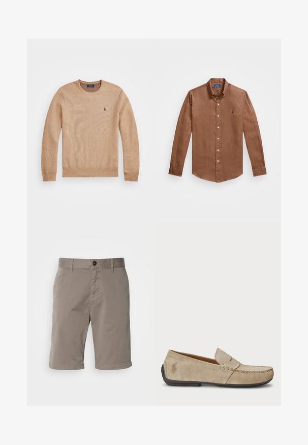 Beige knit sweater featuring a round neckline, ribbed cuffs and hem, and a small embroidered logo on the left chest.; Brown long-sleeve button-down shirt made of linen, featuring a classic collar, front buttons, and a small blue logo on the chest.; Men's short pants in a light gray color, made of cotton material. Features a button closure, belt loops, and a smooth texture.; Beige suede loafers with a stitched detail, flat rubber sole, and a small logo on the side. Classic slip-on design, soft texture.