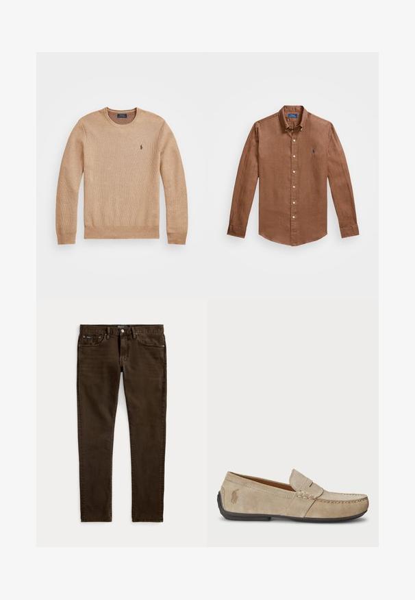 Suéter de punto beige con un cuello redondo, puños y dobladillo acanalados, y un pequeño logo bordado en el lado izquierdo del pecho.; Camisa de manga larga marrón de botones hecha de lino, con un cuello clásico, botones en la parte delantera y un pequeño logo azul en el pecho.; Vaqueros ajustados de color marrón oscuro con cinco bolsillos, cierre de botón y cremallera, y etiquetas visibles de la marca Polo en la cintura y el bolsillo delantero.; Mocasines de ante beige con detalle cosido, suela de goma plana y un pequeño logotipo en el lateral. Diseño clásico de slip-on, textura suave.