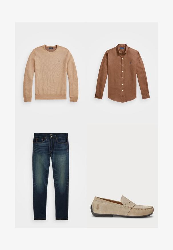 Sweater de malha bege com decote redondo, punhos e bainha canelados, e um pequeno logótipo bordado no lado esquerdo do peito.; Camisa de botão de mangas longas, castanha, feita de linho, com um colarinho clássico, botões na parte frontal e um pequeno logo azul no peito.; Jeans de ganga azul escuro com um corte slim, apresentando costuras em contraste e um leve efeito desgastado. Quatro bolsos e fecho de zip.; Mocassins de camurça beiges com um detalhe costurado, sola de borracha plana e um pequeno logotipo de lado. Design clássico de calçar, textura suave.