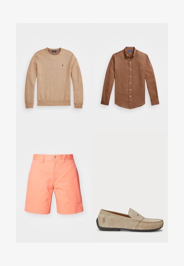 Beżowy sweter dzianinowy z okrągłym dekoltem, prążkowanymi mankietami i dołem oraz małym haftowanym logo na lewej piersi.; Brązowa koszula z długim rękawem zapinana na guziki, wykonana z lnu, z klasycznym kołnierzykiem, guzikami z przodu oraz małym niebieskim logo na piersi.; Różowe bawełniane szorty o prostym kroju, z pojedynczym zapięciem na guzik i złożonymi mankietami. Gładka faktura z czystym wzornictwem.; Beżowe zamszowe loafersy z przeszyciem, płaską gumową podeszwą i małym logo po boku. Klasyczny model wsuwany, miękka faktura.