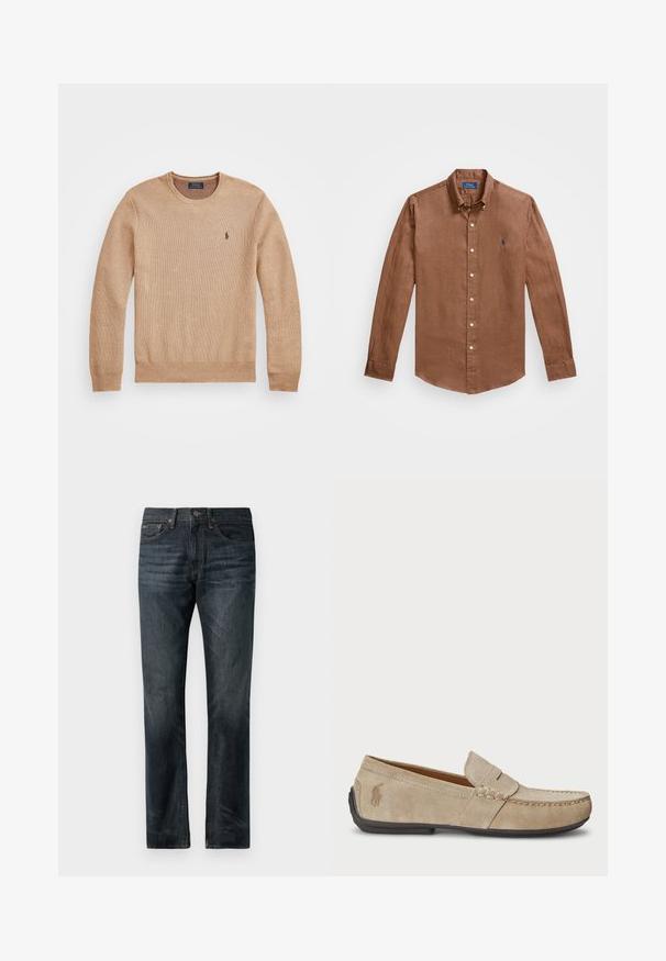 Maglione beige lavorato a maglia con scollatura rotonda, polsini e orlo a costine, e un piccolo logo ricamato sul lato sinistro del petto.; Camicia a maniche lunghe marrone, con bottoni, realizzata in lino, caratterizzata da un colletto classico, bottoni frontali e un piccolo logo blu sul petto.; Jeans in denim blu scuro con taglio dritto, caratterizzati da un classico design a cinque tasche e dettagli in cuciture color rame.; Mocassini in suede beige con dettaglio cucito, suola piatta in gomma e piccolo logo sul lato. Design classico slip-on, texture morbida.