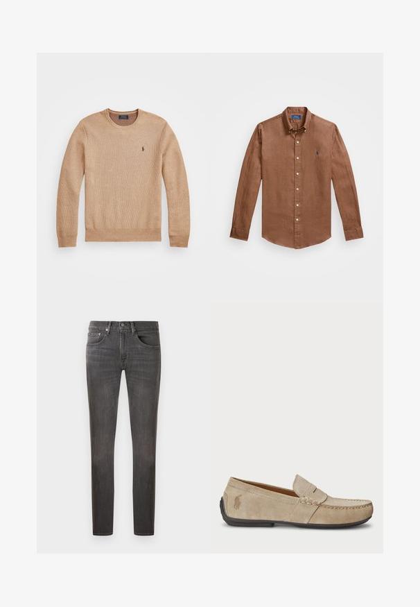 Bežinis mezginys megztinis su apvaliu iškirpimu, suplėštais rankogaliais ir apačia, bei mažas siuvinėtas logotipas kairėje krūtinės pusėje.; Rudas ilgas rankovėmis marškiniai, pagaminti iš lininio audinio, su klasikiniu apykakle, priekyje esančiais mygtukais ir mažu mėlynu logotipu ant krūtinės.; Tamsiai pilki džinsai su klasikinio kirpimo, penkių kišenių dizainu ir subtiliu šviesinimo efektu, su mygtukų uždarymu ir užtrauktuku.; Beige zomšos loaferiai su siuvinėjimo detale, plokščiu guminio pado, ir mažuoju logotipu šone. Klasikinis priglaudimo dizainas, minkšta tekstūra.