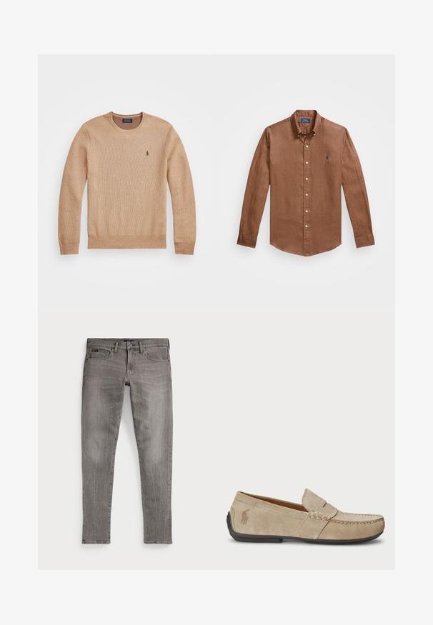 Beige strikkegenser med rund hals, ribbestrikkede mansjetter og kant, samt en liten brodert logo på venstre bryst.; Brun langermet skjorte laget av lin, med klassisk krage, frontknapper og en liten blå logo på brystet.; Grå denimjeans, slim fit med rette ben. Har klassisk fem-lommersdesign, sømdetaljer og en lett falmet tekstur.; Beige mokasiner i semsket skinn med en sydd detalj, flat gummisåle og en liten logo på siden. Klassisk slip-on-design, myk tekstur.