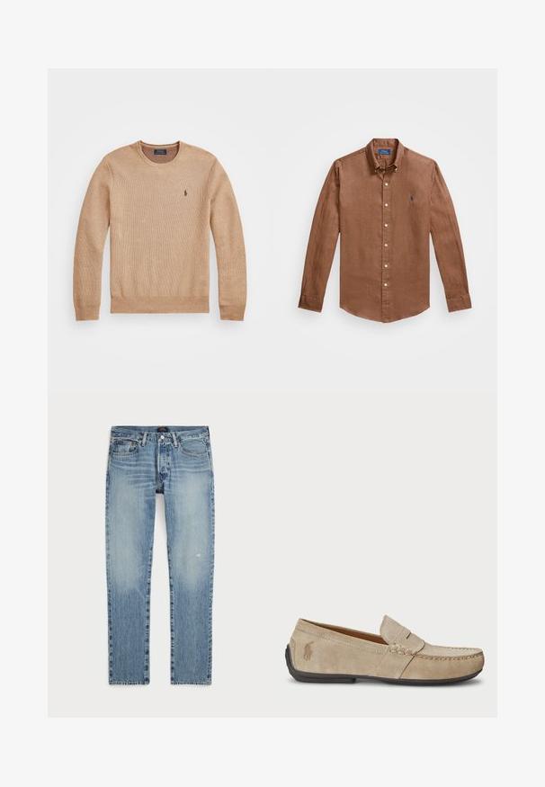 Pulover tricotat bej cu guler rotund, manșete și tiv cu nervuri, și un mic logo brodat pe pieptul stâng.; Cămașă maro cu mânecă lungă și nasturi, confecționată din in, având un guler clasic, nasturi pe față și un mic logo albastru pe piept.; Jeans din denim albastru deschis cu croi dreapta, având o nuanță estompată, ușoare urme de uzură și un design standard cu cinci buzunare.; Loafers din suede bej, cu detalii cusute, talpă din cauciuc plat și un logo mic pe lateral. Design clasic de tip slip-on, textură moale.