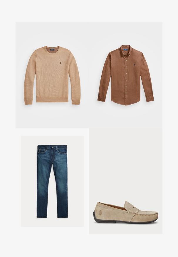 Bež pleteni pulover z okroglo izrezom, rebrastimi manšeti in robom ter majhnim vezenim logotipom na levi prsni strani.; Rjava srajca z dolgimi rokavi in gumbi, izdelana iz lanu, z klasičnim ovratnikom, sprednjimi gumbi in majhnim modrim logotipom na prsih.; Temno modri kavbojke s ravnim krojem, zasnovo s petimi žepi in kontrastnimi šivi. Imajo zapiranje na gumb in zadrgo.; Bež nubuk loafers s šivano podrobnostjo, ravnim gumijastim podplatom in majhnim logotipom ob strani. Klasična zasnova za enostavno obuvanje, mehak material.