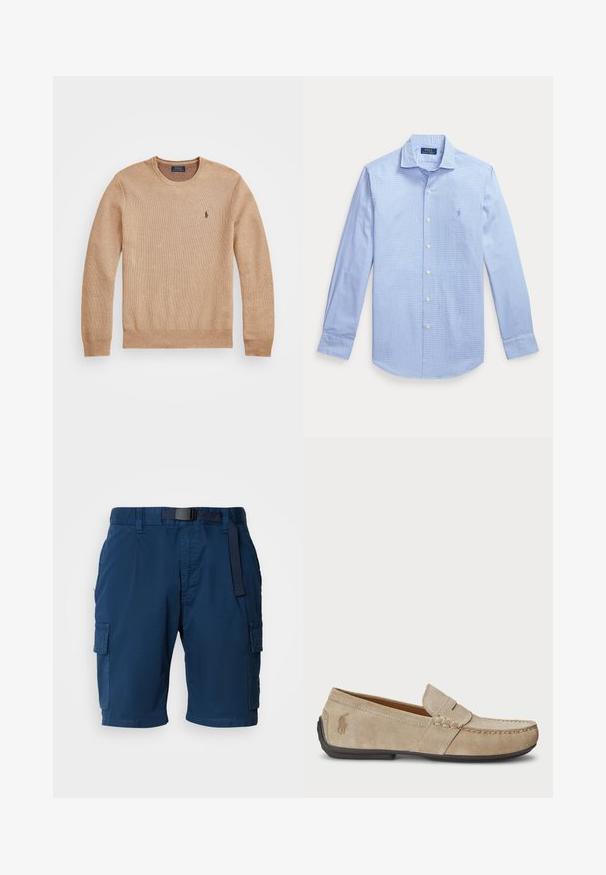 Beige strikket sweater med rund halsudskæring, ribbede manchetter og nederdel samt et lille broderet logo på venstre bryst.; Lyseblå skjorte med knapper, ternet mønster, lange ærmer, spids krave og en lille broderet logo på brystet.; Marineblå cargo shorts lavet af letvægtsstof, med en bæltestrop i taljen, sidelommer og en subtil tekstur.; Beige ruskindsloafers med syninger, flad gummisål og et lille logo på siden. Klassisk slip-on design, blød tekstur.