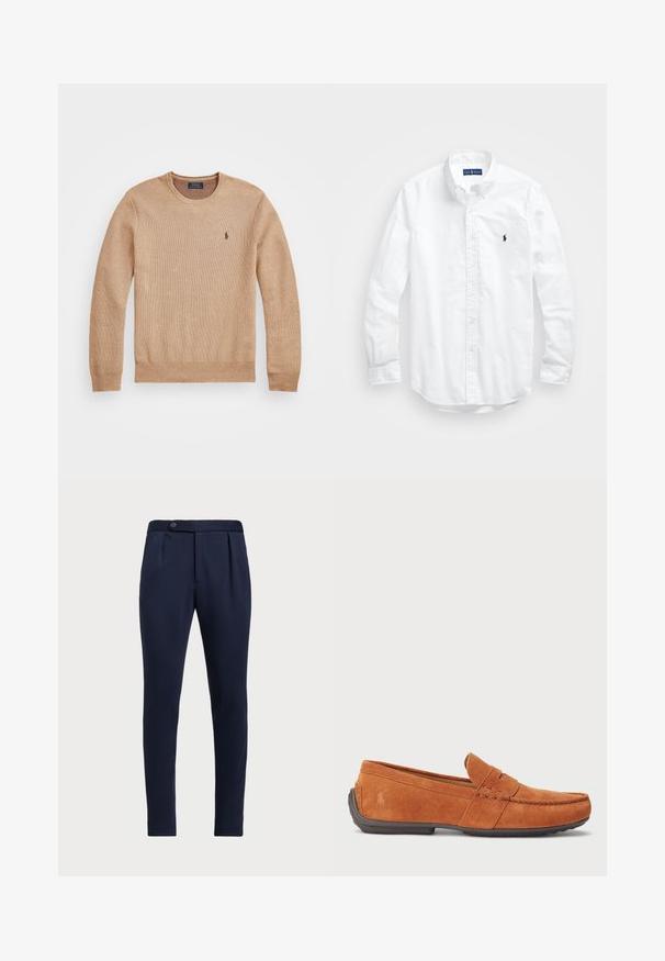 Vaahtokarkkien värinen neulepusero, jossa on pyöreä kaula-aukko, ribbatut hihansuut ja helma sekä pieni brodeerattu logo vasemmassa rinnassa.; Valkoinen pitkähihaisessa napitetussa paidassa, joka on valmistettu puuvillasta. Siinä on klassinen kaulus, napilliset hihansuut ja pieni tummansininen brodeerattu logo rinnassa.; Navy siniset räätälöidyt housut, joissa on tasainen etu, kaksi etupuolelle ommeltua laskosta ja yksi nappisulku, valmistettu sileästä, teksturoidusta kankaasta.; Ruske hiekkakivipohjaiset loaferit, joissa on mokkasiinityyppinen muotoilu, tikattu varvasosa, helposti jalkaan sujahtava malli ja kumipohja pidon parantamiseksi.