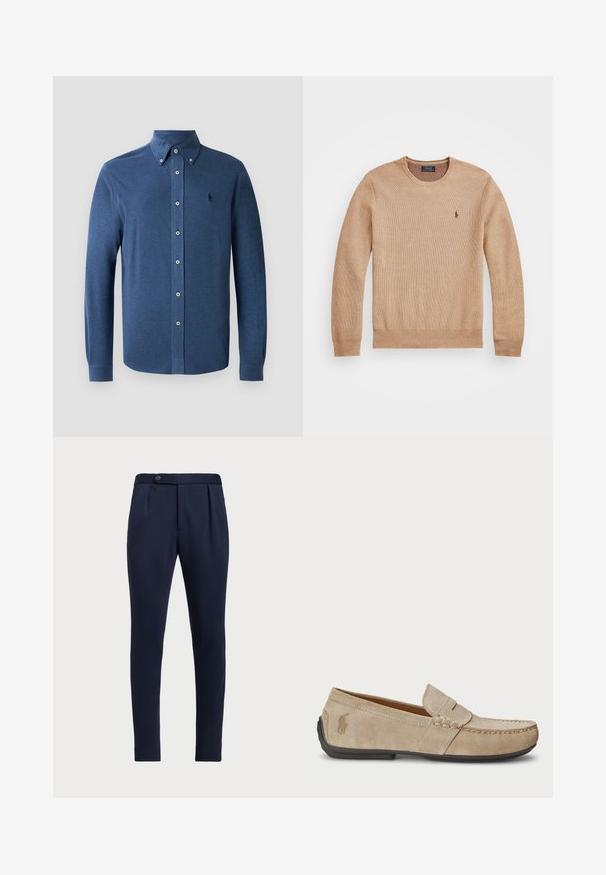Μπεζ πλεκτό πουλόβερ με στρογγυλή λαιμόκοψη, ριμπ μανσέτες και στρίφωμα, καθώς και ένα μικρό κεντημένο λογότυπο στο αριστερό στήθος.; Μπλε μακρυμάνικο πουκάμισο με κουμπιά, φτιαγμένο από μαλακό ύφασμα, με δομημένο γιακά και ένα μόνο κεντημένο λογότυπο στο στήθος.; Σκούρο μπλε κομμένα παντελόνια με επίπεδο μπροστινό μέρος, δύο πλαϊνές πτυχώσεις και έναν κουμπί για κλείσιμο, με λείο και υφαμένο ύφασμα.; Μπεζ σουέτ μοκασίνια με ραμμένο σχέδιο, επίπεδη καουτσούκ σόλα και μικρό λογότυπο στο πλάι. Κλασικός σχεδιασμός που φοριέται εύκολα, μαλακή υφή.