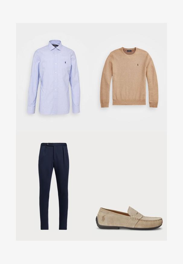 Maglione beige lavorato a maglia con scollatura rotonda, polsini e orlo a costine, e un piccolo logo ricamato sul lato sinistro del petto.; Camicia a maniche lunghe di colore blu chiaro, realizzata in un tessuto morbido. Presenta un colletto classico, una placca frontale e un piccolo logo ricamato sul petto.; Pantaloni eleganti blu navy con fronte piatto, due pince anteriori e chiusura con un bottone, realizzati in un tessuto liscio e con una texture.; Mocassini in suede beige con dettaglio cucito, suola piatta in gomma e piccolo logo sul lato. Design classico slip-on, texture morbida.