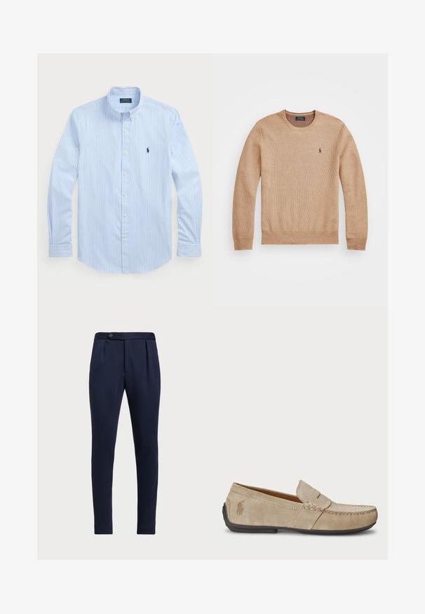 Béžový pletený svetr s kulatým výstřihem, žebrovanými manžetami a lemem a malým vyšitým logem na levém prsu.; Světle modrá pruhovaná košile na knoflíky, s dlouhými rukávy, bílými knoflíky, klasickým límečkem a malým námořnickým logem na levé straně hrudi. Bavlněná tkanina.; Námořnické modré kalhoty s přizpůsobeným střihem, plochým předním dílem, dvěma předními sklady a jedním knoflíkem na zapínání, vyrobené z hladké, texturované látky.; Béžové semišové mokasíny se šitým detailem, plochou gumovou podrážkou a malým logem na boku. Klasický design na klín, měkká textura.