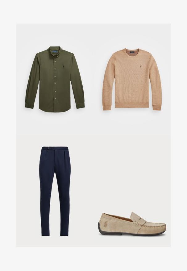 Sweater de malha bege com decote redondo, punhos e bainha canelados, e um pequeno logótipo bordado no lado esquerdo do peito.; Camisa de botão de manga longa na cor verde-azeitona. Design com colarinho e um discreto logotipo bordado, com fecho de botão padrão na parte frontal.; Calças ajustadas azul-marinho com frente lisa, duas pregas frontais e fecho de botão único, apresentando um tecido liso e texturizado.; Mocassins de camurça beiges com um detalhe costurado, sola de borracha plana e um pequeno logotipo de lado. Design clássico de calçar, textura suave.