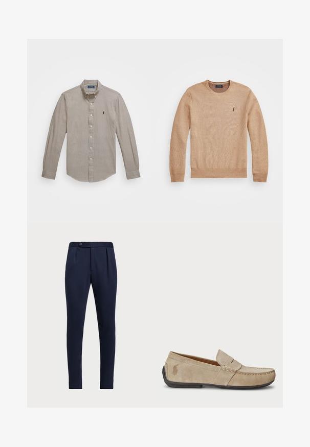 Sweater de malha bege com decote redondo, punhos e bainha canelados, e um pequeno logótipo bordado no lado esquerdo do peito.; Camisa de botão em padrão xadrez castanho e branco, com colarinho, mangas longas e um pequeno logotipo no lado esquerdo do peito.; Calças ajustadas azul-marinho com frente lisa, duas pregas frontais e fecho de botão único, apresentando um tecido liso e texturizado.; Mocassins de camurça beiges com um detalhe costurado, sola de borracha plana e um pequeno logotipo de lado. Design clássico de calçar, textura suave.