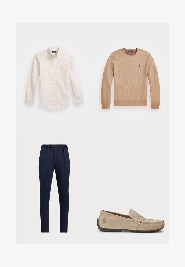 Sweater de malha bege com decote redondo, punhos e bainha canelados, e um pequeno logótipo bordado no lado esquerdo do peito.; Camisa bege de algodão, com colarinho pontudo, mangas longas e um logótipo bordado no peito.; Calças ajustadas azul-marinho com frente lisa, duas pregas frontais e fecho de botão único, apresentando um tecido liso e texturizado.; Mocassins de camurça beiges com um detalhe costurado, sola de borracha plana e um pequeno logotipo de lado. Design clássico de calçar, textura suave.