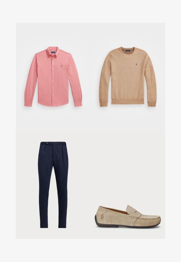 Beige strikkegenser med rund hals, ribbestrikkede mansjetter og kant, samt en liten brodert logo på venstre bryst.; Lys rosa, langermet skjorte med knapper laget av bomull, med spiss krage, som har en liten blå logo på venstre bryst.; Marineblå skreddersydde bukser med flat front, to frontfolder og en enkelt knappelukking, med et glatt, teksturert stoff.; Beige mokasiner i semsket skinn med en sydd detalj, flat gummisåle og en liten logo på siden. Klassisk slip-on-design, myk tekstur.