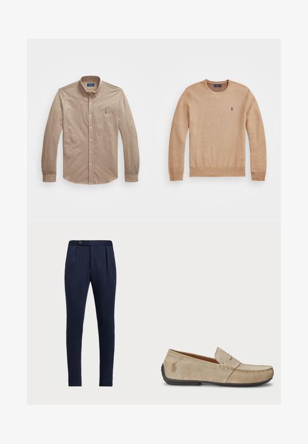 Beżowy sweter dzianinowy z okrągłym dekoltem, prążkowanymi mankietami i dołem oraz małym haftowanym logo na lewej piersi.; Jasnobrązowa koszula z długim rękawem i kołnierzykiem, z zapięciem na guziki, z małym haftowanym logo na klatce piersiowej i gładką fakturą materiału.; Granatowe eleganckie spodnie z płaskim przodem, dwoma fałdami z przodu i pojedynczym zapięciem na guzik, wykonane z gładkiego, teksturowanego materiału.; Beżowe zamszowe loafersy z przeszyciem, płaską gumową podeszwą i małym logo po boku. Klasyczny model wsuwany, miękka faktura.