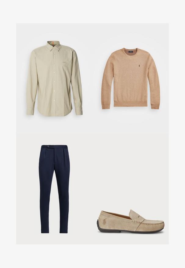 Beige Strickpullover mit Rundhalsausschnitt, gerippten Bündchen und Saum sowie einem kleinen gestickten Logo auf der linken Brust.; Beige Langarm-Hemd mit Knöpfen und strukturierten Kragen, ausgestattet mit einer aufgesetzten Tasche und dezentem Logo-Stick auf der Brust. Glattes, leichtes Material.; Marineblaue maßgeschneiderte Hose mit flacher Front, zwei vorderen Falten und einem einzelnen Knopfverschluss, aus einem glatten, strukturierten Stoff.; Beige Wildleder Slipper mit gesticktem Detail, flacher Gummisohle und kleinem Logo an der Seite. Klassisches Slip-On-Design, weicher Textur.