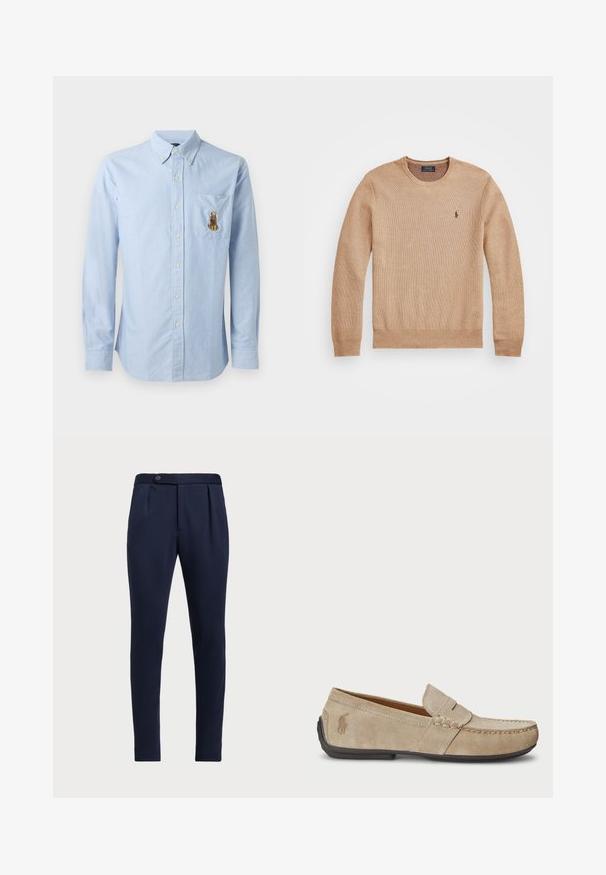 Sweater de malha bege com decote redondo, punhos e bainha canelados, e um pequeno logótipo bordado no lado esquerdo do peito.; Camisa azul clara, de botões, com mangas longas, bolso no peito com um design de animal bordado em castanho, feita de tecido suave.; Calças ajustadas azul-marinho com frente lisa, duas pregas frontais e fecho de botão único, apresentando um tecido liso e texturizado.; Mocassins de camurça beiges com um detalhe costurado, sola de borracha plana e um pequeno logotipo de lado. Design clássico de calçar, textura suave.