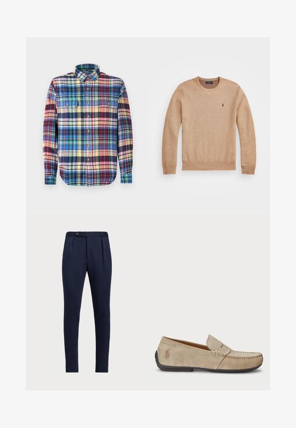 Beige strikkegenser med rund hals, ribbestrikkede mansjetter og kant, samt en liten brodert logo på venstre bryst.; Rutete skjorte i flerfarget stoff med krage, to brystlommer og buet kant. Knapper er brune.; Marineblå skreddersydde bukser med flat front, to frontfolder og en enkelt knappelukking, med et glatt, teksturert stoff.; Beige mokasiner i semsket skinn med en sydd detalj, flat gummisåle og en liten logo på siden. Klassisk slip-on-design, myk tekstur.