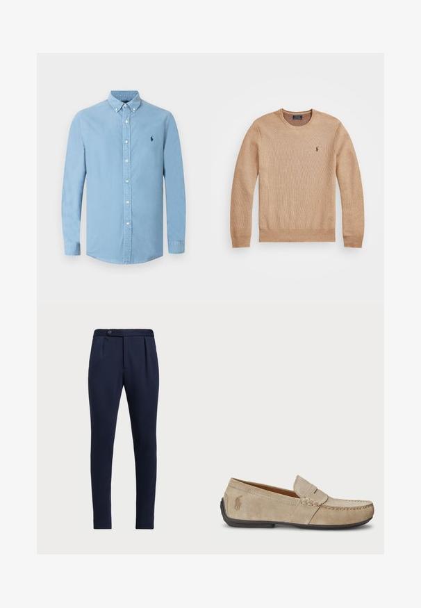 Sweater de malha bege com decote redondo, punhos e bainha canelados, e um pequeno logótipo bordado no lado esquerdo do peito.; Camisa azul-claro com botões na frente, mangas compridas, colarinho pontudo e um pequeno logótipo azul-marinho no peito. Tecido em mistura de algodão com textura suave.; Calças ajustadas azul-marinho com frente lisa, duas pregas frontais e fecho de botão único, apresentando um tecido liso e texturizado.; Mocassins de camurça beiges com um detalhe costurado, sola de borracha plana e um pequeno logotipo de lado. Design clássico de calçar, textura suave.