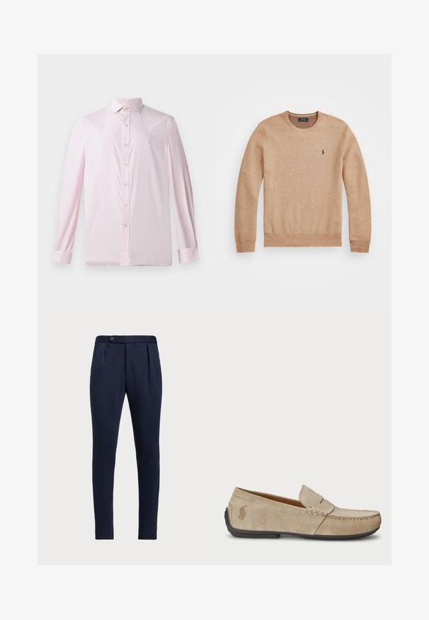 Bež pleteni pulover z okroglo izrezom, rebrastimi manšeti in robom ter majhnim vezenim logotipom na levi prsni strani.; Roza srajca z dolgimi rokavi in gumbi, z navpičnimi črtami, ovratnikom s konicami in kontrastnimi belimi gumbi; vsebuje majhen logotip na prsih.; Temno modri hlače po meri z ravnim sprednjim delom, dvema sprednjima pregiboma in z enim gumbom za zapiranje, iz gladkega teksturiranega materiala.; Bež nubuk loafers s šivano podrobnostjo, ravnim gumijastim podplatom in majhnim logotipom ob strani. Klasična zasnova za enostavno obuvanje, mehak material.