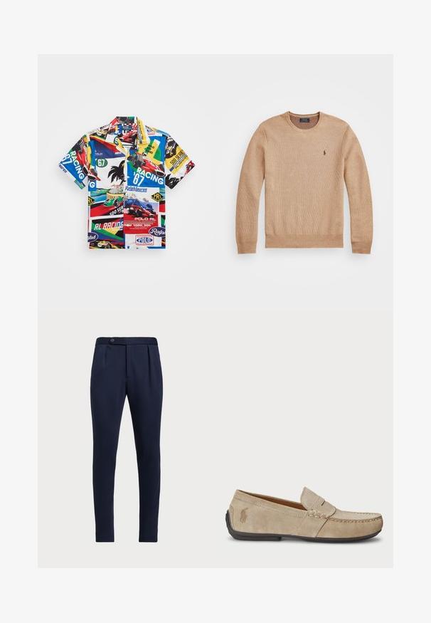 Beżowy sweter dzianinowy z okrągłym dekoltem, prążkowanymi mankietami i dołem oraz małym haftowanym logo na lewej piersi.; Koszulka z krótkim rękawem, wielokolorowa, z grafiką wyścigowego samochodu, z tekstem, logo i mieszanką żywych wzorów na lekkim materiale.; Granatowe eleganckie spodnie z płaskim przodem, dwoma fałdami z przodu i pojedynczym zapięciem na guzik, wykonane z gładkiego, teksturowanego materiału.; Beżowe zamszowe loafersy z przeszyciem, płaską gumową podeszwą i małym logo po boku. Klasyczny model wsuwany, miękka faktura.