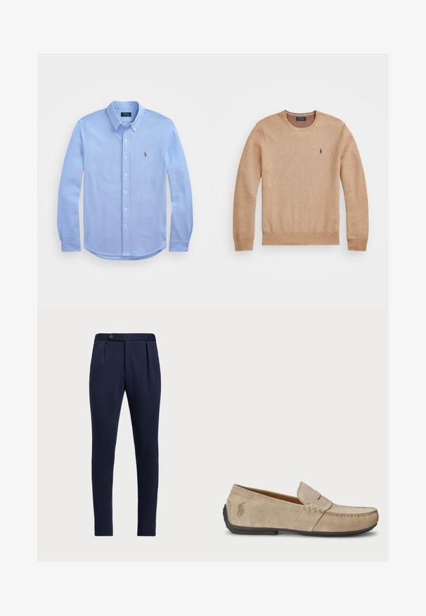 Beige strikkegenser med rund hals, ribbestrikkede mansjetter og kant, samt en liten brodert logo på venstre bryst.; Lys blå langermet skjorte med knapper, laget av myk bomull, har klassisk krage og en liten brodert logo på brystet.; Marineblå skreddersydde bukser med flat front, to frontfolder og en enkelt knappelukking, med et glatt, teksturert stoff.; Beige mokasiner i semsket skinn med en sydd detalj, flat gummisåle og en liten logo på siden. Klassisk slip-on-design, myk tekstur.