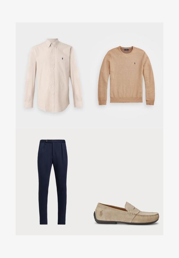 Sweater de malha bege com decote redondo, punhos e bainha canelados, e um pequeno logótipo bordado no lado esquerdo do peito.; Camisa de xadrez bege claro com mangas longas, colarinho abotoado e pequeno logótipo azul-marinho. Tecido de algodão, corte clássico, botões lisos.; Calças ajustadas azul-marinho com frente lisa, duas pregas frontais e fecho de botão único, apresentando um tecido liso e texturizado.; Mocassins de camurça beiges com um detalhe costurado, sola de borracha plana e um pequeno logotipo de lado. Design clássico de calçar, textura suave.