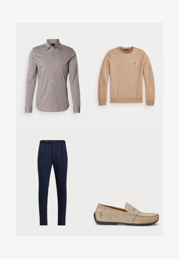 Vaahtokarkkien värinen neulepusero, jossa on pyöreä kaula-aukko, ribbatut hihansuut ja helma sekä pieni brodeerattu logo vasemmassa rinnassa.; Vaaleanharmaa pitkähihainen paita nappikauluksella, pieni logo vasemmassa rinnassa ja valkoiset napit. Valmistettu sileästä kankaan, jossa on hienovarainen tekstuuri.; Navy siniset räätälöidyt housut, joissa on tasainen etu, kaksi etupuolelle ommeltua laskosta ja yksi nappisulku, valmistettu sileästä, teksturoidusta kankaasta.; Beige mokasíny z semišu s prešívaním, plochou gumovou podrážkou a malým logom na boku. Klasický dizajn na obutie, jemná textúra.