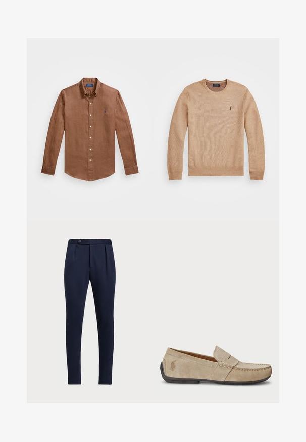 Beige strikkegenser med rund hals, ribbestrikkede mansjetter og kant, samt en liten brodert logo på venstre bryst.; Brun langermet skjorte laget av lin, med klassisk krage, frontknapper og en liten blå logo på brystet.; Marineblå skreddersydde bukser med flat front, to frontfolder og en enkelt knappelukking, med et glatt, teksturert stoff.; Beige mokasiner i semsket skinn med en sydd detalj, flat gummisåle og en liten logo på siden. Klassisk slip-on-design, myk tekstur.