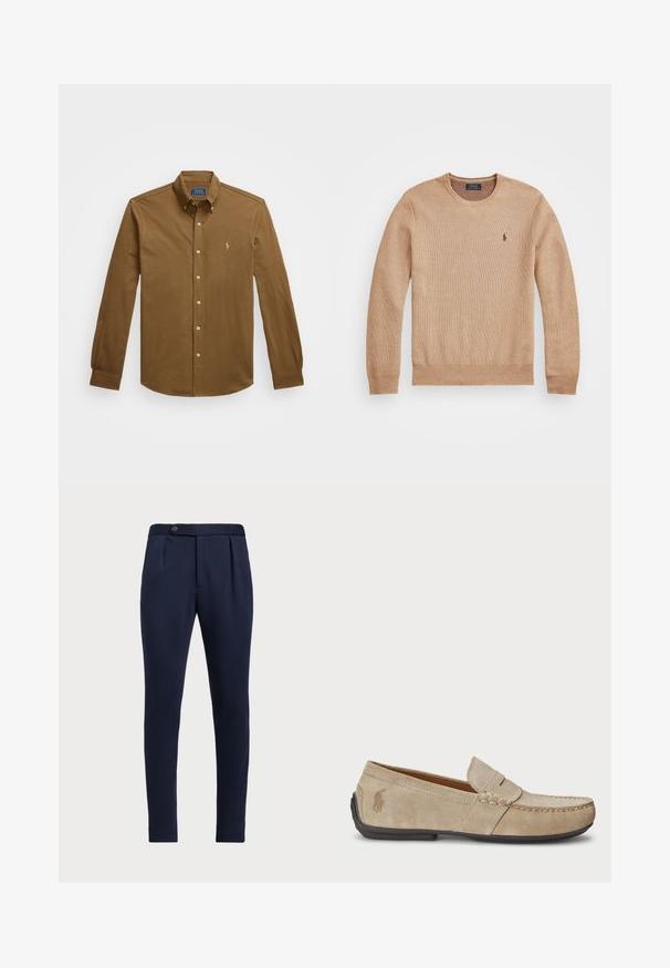 Beżowy sweter dzianinowy z okrągłym dekoltem, prążkowanymi mankietami i dołem oraz małym haftowanym logo na lewej piersi.; Brązowa, długorękawowa koszula zapinana na guziki, wykonana z bawełny. Posiada kołnierzyk, zapięcie na guziki z przodu oraz małe haftowane logo na klatce piersiowej.; Granatowe eleganckie spodnie z płaskim przodem, dwoma fałdami z przodu i pojedynczym zapięciem na guzik, wykonane z gładkiego, teksturowanego materiału.; Beżowe zamszowe loafersy z przeszyciem, płaską gumową podeszwą i małym logo po boku. Klasyczny model wsuwany, miękka faktura.