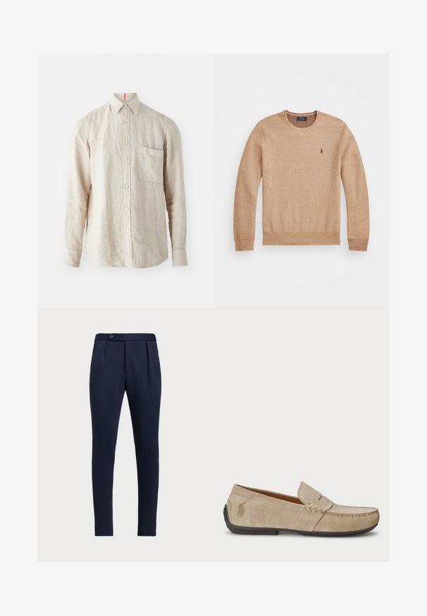 Maglione beige lavorato a maglia con scollatura rotonda, polsini e orlo a costine, e un piccolo logo ricamato sul lato sinistro del petto.; Camicia in lino beige con maniche lunghe, chiusura con bottoni sul davanti, taschino singolo sul petto e una sottile trama. Accentatura arancione sul colletto.; Pantaloni eleganti blu navy con fronte piatto, due pince anteriori e chiusura con un bottone, realizzati in un tessuto liscio e con una texture.; Mocassini in suede beige con dettaglio cucito, suola piatta in gomma e piccolo logo sul lato. Design classico slip-on, texture morbida.