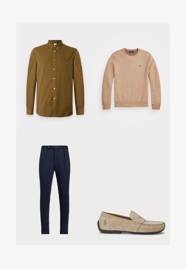 Beige kötött pulóver, kerek nyakkivágással, bordás mandzsettákkal és szegéllyel, valamint egy kis hímezett logóval a bal mellrészen.; Barna hosszú ujjú ing, gombos gallérral, kis, többszínű hímzett mintával a mellrészen, valamint világos színű gombokkal.; Tengerészeti kék, testreszabott nadrág, lapos elejű, két elülső pliszével és egy gombos záródással, sima, textúrált anyaggal.; Beige velúr mokaszin, varrott díszítéssel, lapos gumitalppal és kis logóval az oldalon. Klasszikus slip-on dizájn, puha tapintású.
