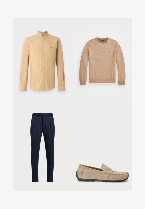 Sweater de malha bege com decote redondo, punhos e bainha canelados, e um pequeno logótipo bordado no lado esquerdo do peito.; Camisa de botão de mangas longas em algodão bege claro. Apresenta um colarinho pontiagudo e um pequeno logótipo preto no lado esquerdo do peito. Textura suave.; Calças ajustadas azul-marinho com frente lisa, duas pregas frontais e fecho de botão único, apresentando um tecido liso e texturizado.; Mocassins de camurça beiges com um detalhe costurado, sola de borracha plana e um pequeno logotipo de lado. Design clássico de calçar, textura suave.