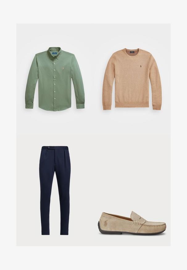 Beige strikkegenser med rund hals, ribbestrikkede mansjetter og kant, samt en liten brodert logo på venstre bryst.; Langermet skjorte med knapper i olivengrønn bomull, med spiss krage, frontplagg med knapper og en liten logo på brystet.; Marineblå skreddersydde bukser med flat front, to frontfolder og en enkelt knappelukking, med et glatt, teksturert stoff.; Beige mokasiner i semsket skinn med en sydd detalj, flat gummisåle og en liten logo på siden. Klassisk slip-on-design, myk tekstur.