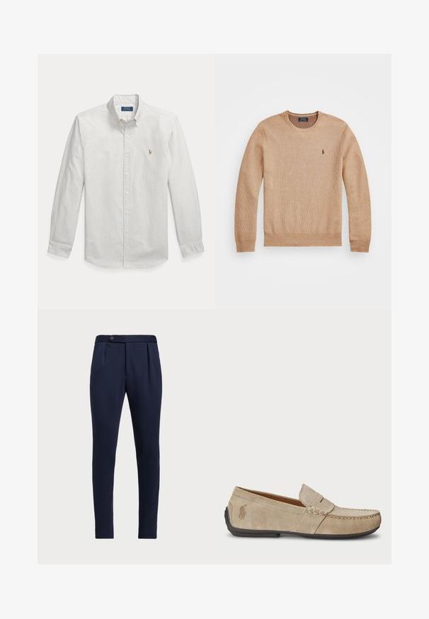 Beige strikkegenser med rund hals, ribbestrikkede mansjetter og kant, samt en liten brodert logo på venstre bryst.; Stripet skjorte i lys grønn og hvit; har klassisk krage, lange ermer og en liten brodert logo på brystet.; Marineblå skreddersydde bukser med flat front, to frontfolder og en enkelt knappelukking, med et glatt, teksturert stoff.; Beige mokasiner i semsket skinn med en sydd detalj, flat gummisåle og en liten logo på siden. Klassisk slip-on-design, myk tekstur.