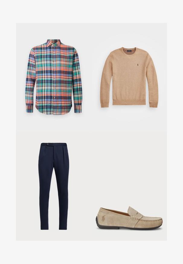 Bež pleteni pulover z okroglo izrezom, rebrastimi manšeti in robom ter majhnim vezenim logotipom na levi prsni strani.; Srajca z dolgimi rokavi in gumbi z večbarvnim karirastim vzorcem v oranžni, zeleni, modri, mornarsko modri in kremni barvi na enobarvni podlagi.; Temno modri hlače po meri z ravnim sprednjim delom, dvema sprednjima pregiboma in z enim gumbom za zapiranje, iz gladkega teksturiranega materiala.; Bež nubuk loafers s šivano podrobnostjo, ravnim gumijastim podplatom in majhnim logotipom ob strani. Klasična zasnova za enostavno obuvanje, mehak material.