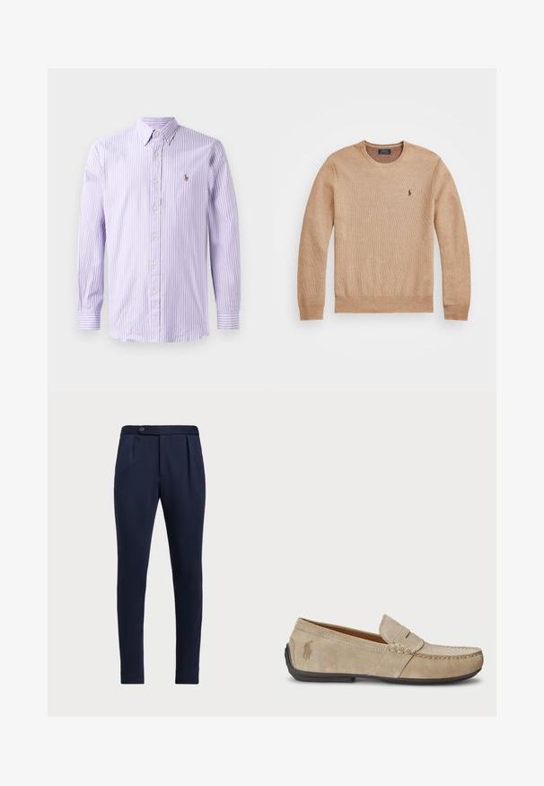 Bež pleteni pulover z okroglo izrezom, rebrastimi manšeti in robom ter majhnim vezenim logotipom na levi prsni strani.; Lila prugasta srajca s dolgimi rokavi, ovratnikom na gumb in logotipom na prsih. Tkanina ima gladko teksturo.; Temno modri hlače po meri z ravnim sprednjim delom, dvema sprednjima pregiboma in z enim gumbom za zapiranje, iz gladkega teksturiranega materiala.; Bež nubuk loafers s šivano podrobnostjo, ravnim gumijastim podplatom in majhnim logotipom ob strani. Klasična zasnova za enostavno obuvanje, mehak material.