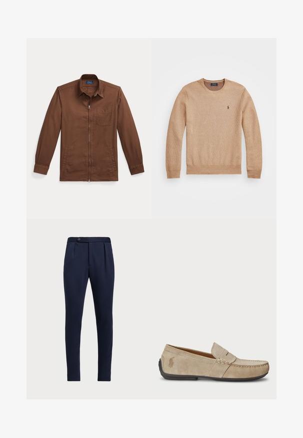 Pull en tricot beige avec un col rond, des poignets et un ourlet côtelés, et un petit logo brodé sur la poitrine gauche.; Veste zippée marron en tissu tissé, avec un col pointu, une poche poitrine et des poignets boutonnés. Design minimaliste et fonctionnel.; Pantalons ajustés bleu marine avec un devant plat, deux plis avant et une fermeture à un bouton, en tissu lisse et texturé.; Mocassins en suede beige avec un détail cousu, semelle en caoutchouc plate et un petit logo sur le côté. Design classique à enfiler, texture douce.