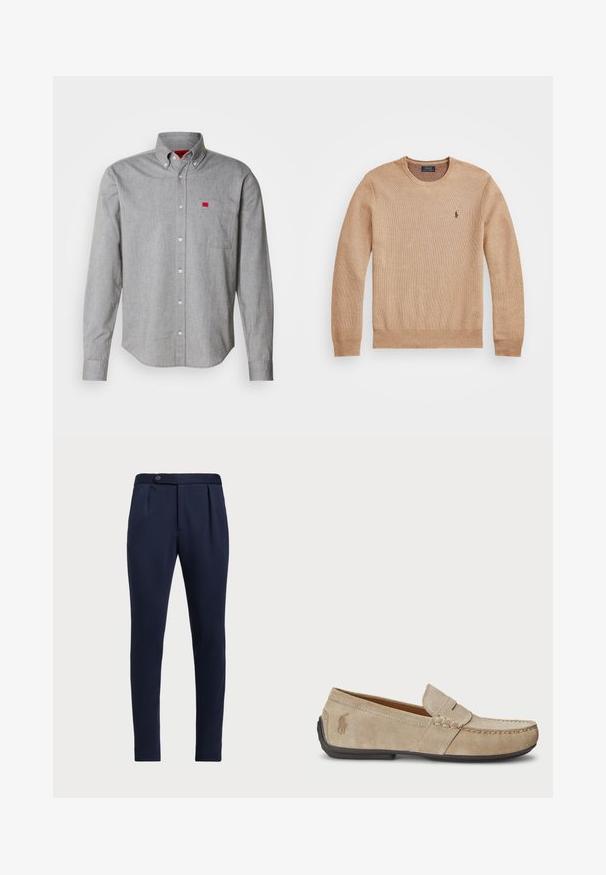 Beige gebreide trui met een ronde halslijn, geribbelde manchetten en zoom, en een klein geborduurd logo op de linker borst.; Grijze button-up overhemd van katoen, met een borstzak en een klein rood logo. Zachte textuur, gestructureerde kraag en lange mouwen.; Marineblauwe op maat gemaakte broeken met een vlakke voorkant, twee plooien aan de voorzijde en een enkele knoopsluiting, gemaakt van een gladde, gestructureerde stof.; Beige suède instappers met een gestikt detail, platte rubberen zool en een klein logo aan de zijkant. Klassiek instapontwerp, zachte textuur.